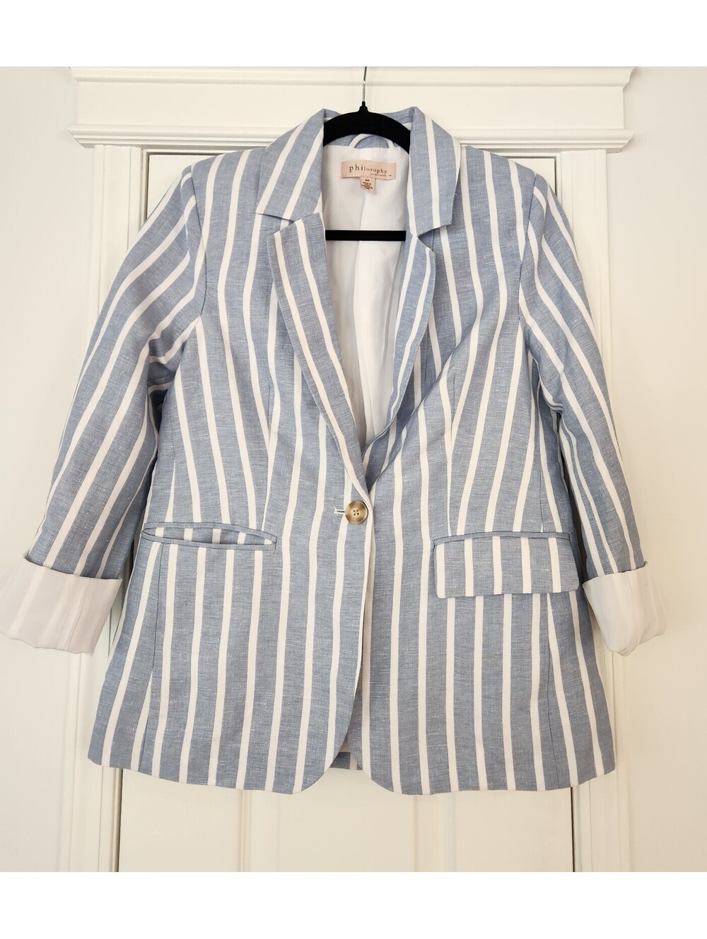 Womens philosophy striped blue linen blend blazer size small coastal grandma